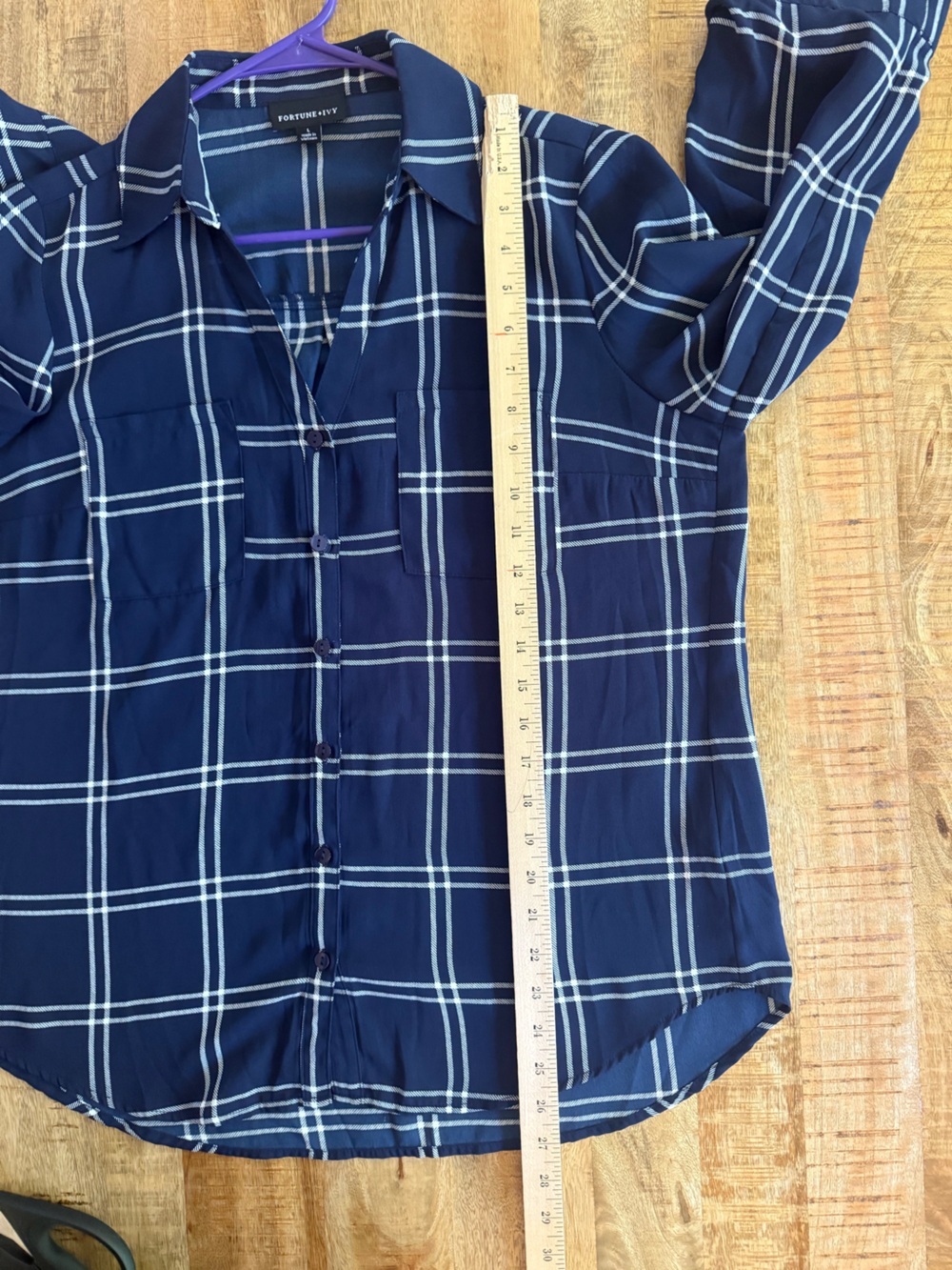 Fortune + Ivy Navy Windowpane Plaid Button Front Blouse Top Size Large - Picture 11 of 12